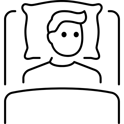 Minimalistische Liniengrafik eines schlafenden Menschen im Bett mit Kissen – Symbol für Entspannung, Erholung oder gesunden Schlaf