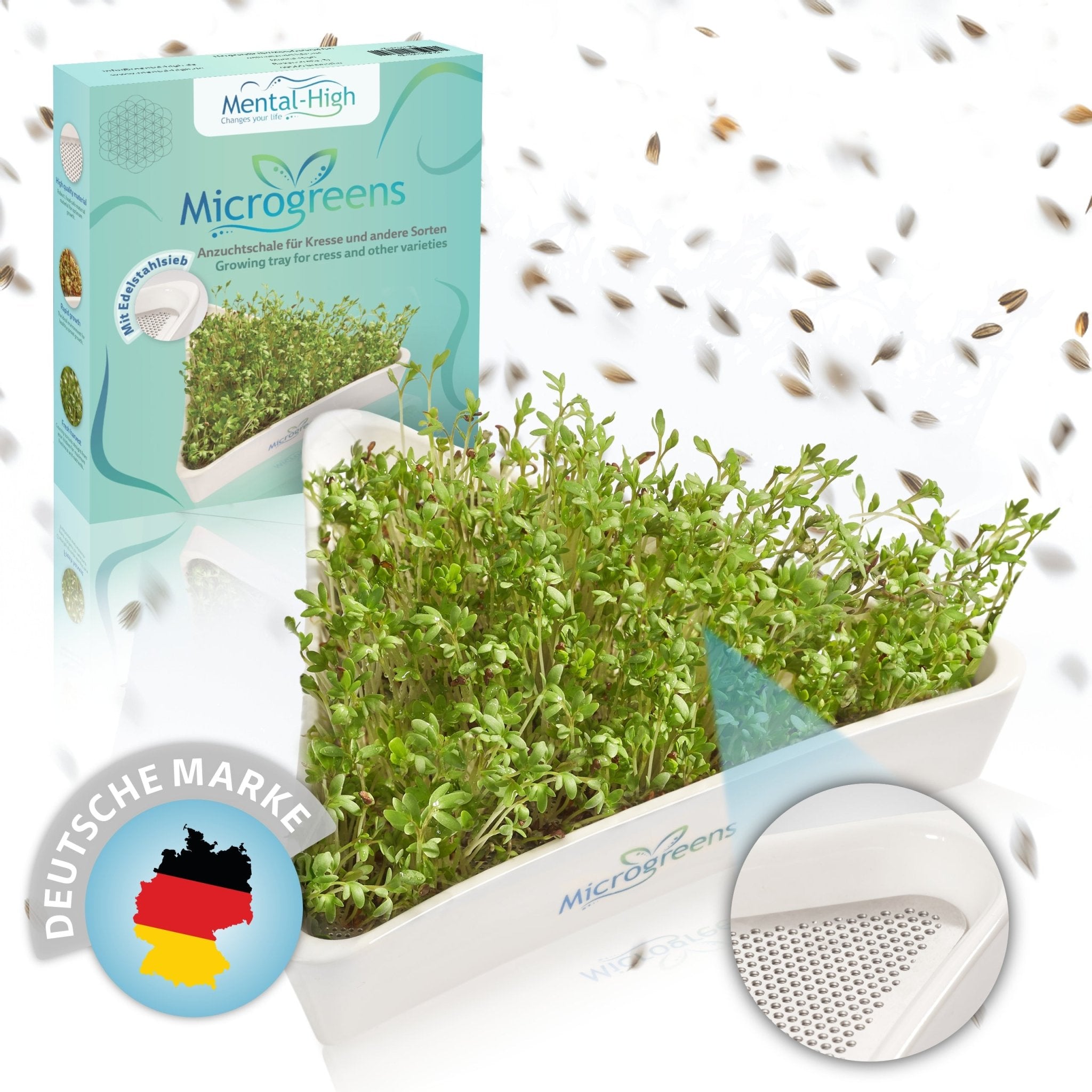 Mental - High Kresseschaale aus Keramik mit Edelstahlsieb – Sprösschen & Microgreens für frische Sprossen | Mental - High – Kresse Anzuchtschale von Mental High | Mental - High