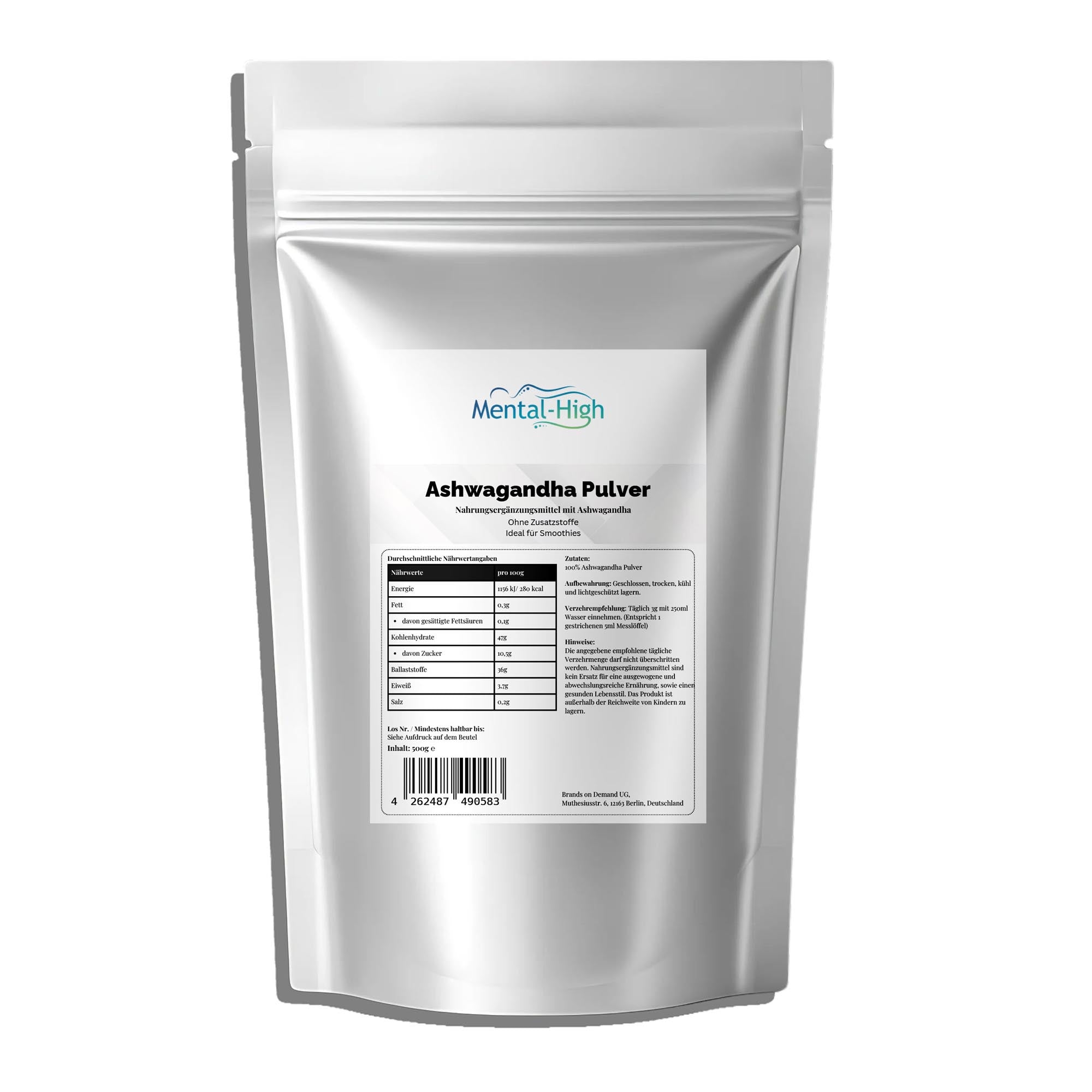 🌿 Bio Ashwagandha Pulver 500 g – veganes Adaptogen für Stressabbau, Energie & Schlaf von Mental-High